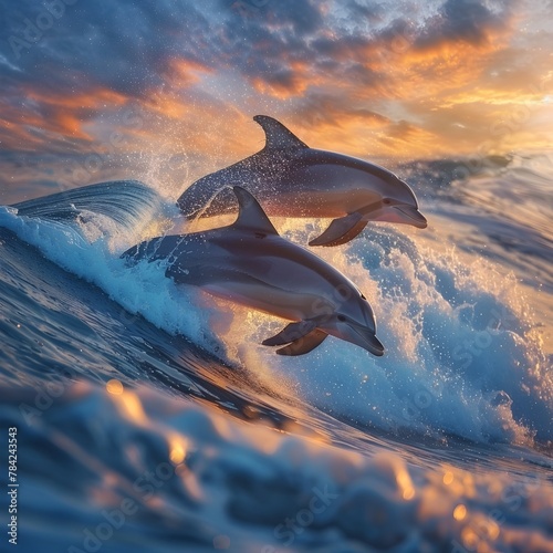 Dolphins Surfing Vibrant Ocean Waves at Breathtaking Sunset Showcase Agility and Joy in Nature s Playground