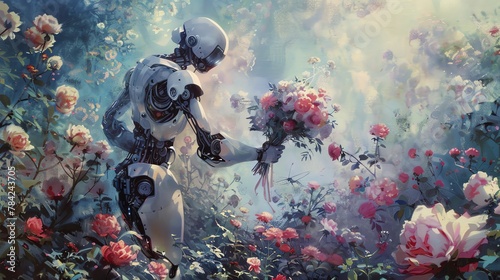 Create a serene scene of a robot presenting a bouquet to its human companion in a garden filled with blooming flowers, using pastel colors and gentle brushwork to evoke a sense of love and connection photo