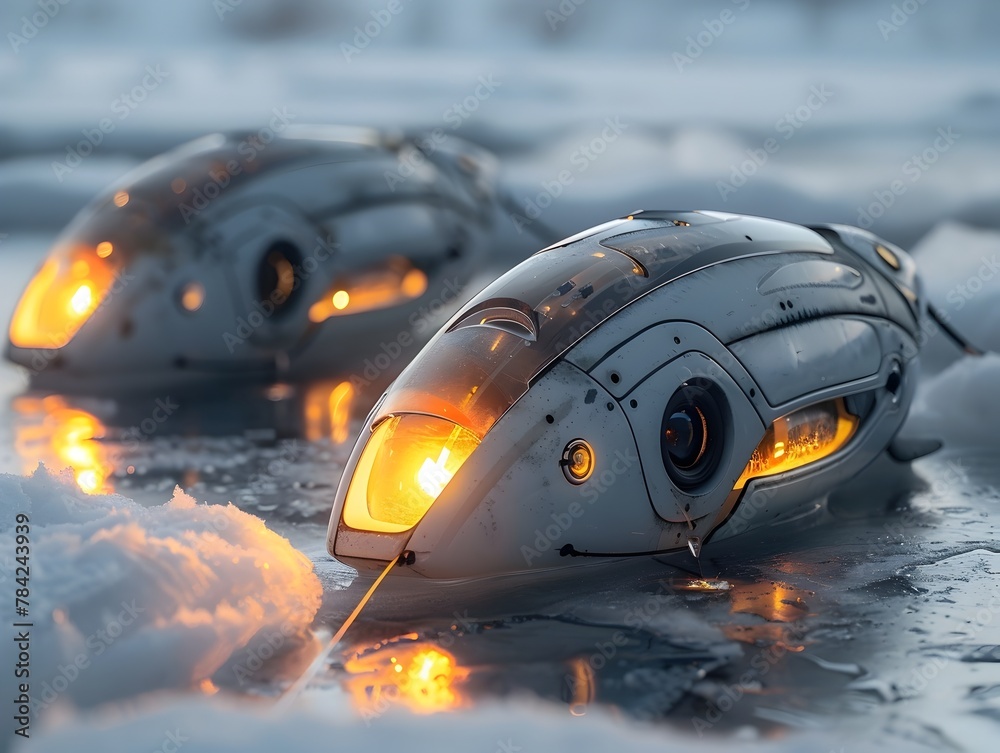 Futuristic Ice Fishing with Robotic Fish Beneath the Surface Providing an Eco Friendly Sporting Challenge in the Frozen Landscape Futuristic Ice Fishing with Robotic Fish Beneath the Surface Providing an Eco Friendly Sporting Challenge in the Frozen Landscape