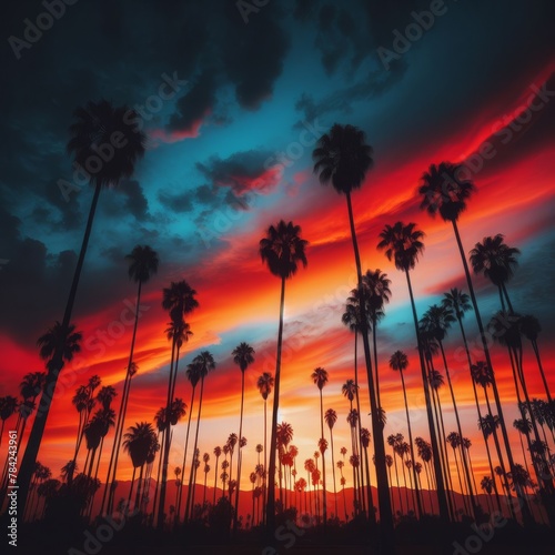 A breathtaking sunset silhouette of palm trees against a vibrant sky, evoking a tranquil tropical evening.. AI Generation