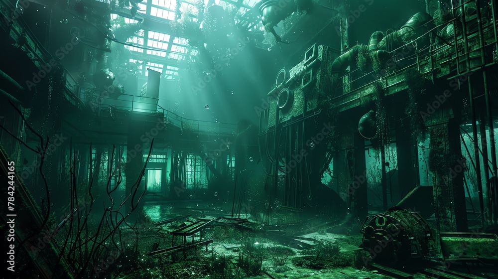 Illustrate a mysterious undersea world under the control of a dystopian regime Show unexpected camera angles through photorealistic 3D rendering to enhance the eerie atmosphere