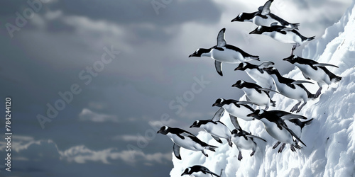 勇気を出して海に飛び込むペンギンの群れ