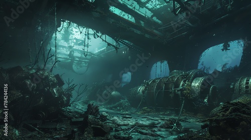 Illustrate a mysterious undersea world under the control of a dystopian regime Show unexpected camera angles through photorealistic 3D rendering to enhance the eerie atmosphere © Samaphon