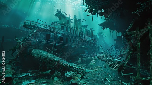 Illustrate a mysterious undersea world under the control of a dystopian regime Show unexpected camera angles through photorealistic 3D rendering to enhance the eerie atmosphere photo