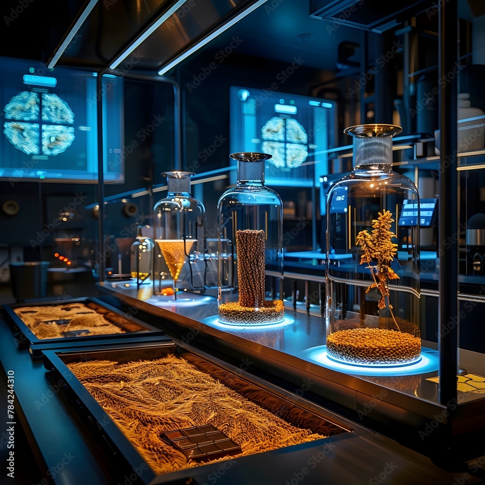 Futuristic Laboratory Synthesizing Nutrient Rich Water from Barley and Chocolate Ingredients Illuminated by Holographic Displays Futuristic Laboratory Synthesizing Nutrient Rich Water from Barley and Chocolate Ingredients Illuminated by Holographic Displays