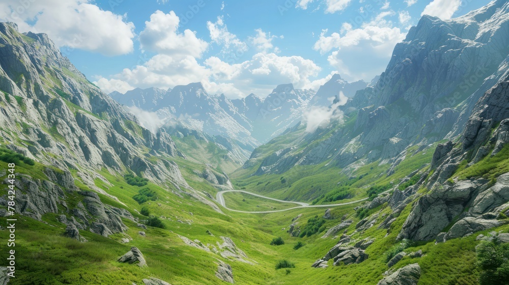A winding mountain road cutting through a lush green valley, with towering peaks on either side and glimpses of breathtaking vistas around every turn.