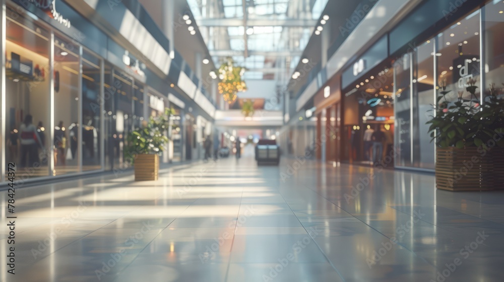 Blurred background of a modern shopping mall with some shoppers.