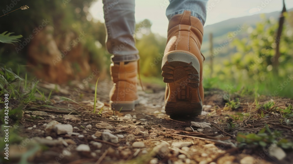 Close up of a person's feet walking on a path Close up of a person's feet walking on a path