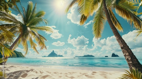 Beautiful tropical beach banner. White sand and coco palms travel tourism wide panorama background concept. photo