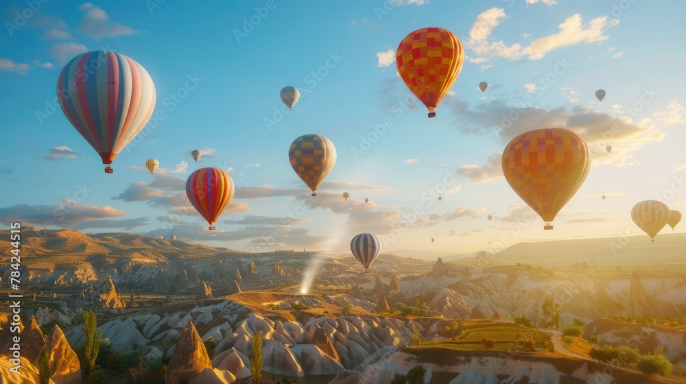 Naklejka premium Hot air balloons flying over spectacular Cappadocia 