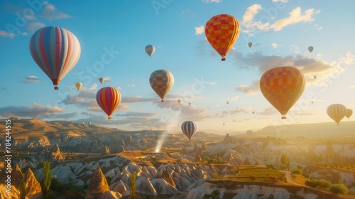 Hot air balloons flying over spectacular Cappadocia 