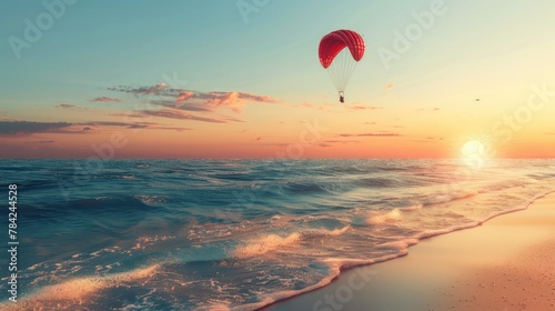 illustration of distant person flying on parachute over blue sea water and sandy beach against cloudless sundown sky  photo