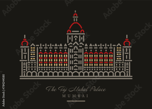 Taj Hotel building in Mumbai vector line illustration.