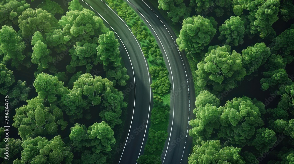 Serene Country Road Amidst Lush Greenery. Aerial top view of winding empty road cuts through a vibrant green forest, highlighting nature's serenity