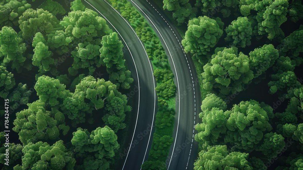 Serene Country Road Amidst Lush Greenery. Aerial top view of winding empty road cuts through a vibrant green forest, highlighting nature's serenity Serene Country Road Amidst Lush Greenery. Aerial top view of winding empty road cuts through a vibrant green forest, highlighting nature's serenity