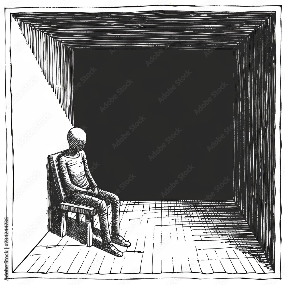 A man is sitting in a confined space looking down and feeling sad. Concept of feeling isolated, depressed and lonely. Imitation of a sketch print. Illustration for cover, card, poster, brochure, etc. - obrazy, fototapety, plakaty 