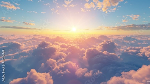 the sun shines brightly above the clouds in this view of a blue sky with pink and yellow hues. 