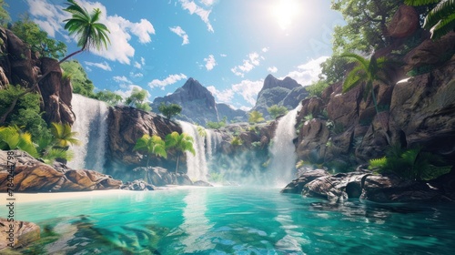 Fototapeta Naklejka Na Ścianę i Meble -  tropical waterfall lagoon on sunny day