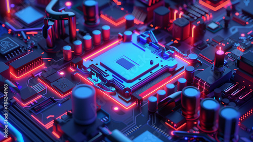 Glowing CPU Processor Chip on Futuristic Circuit Board Close-Up