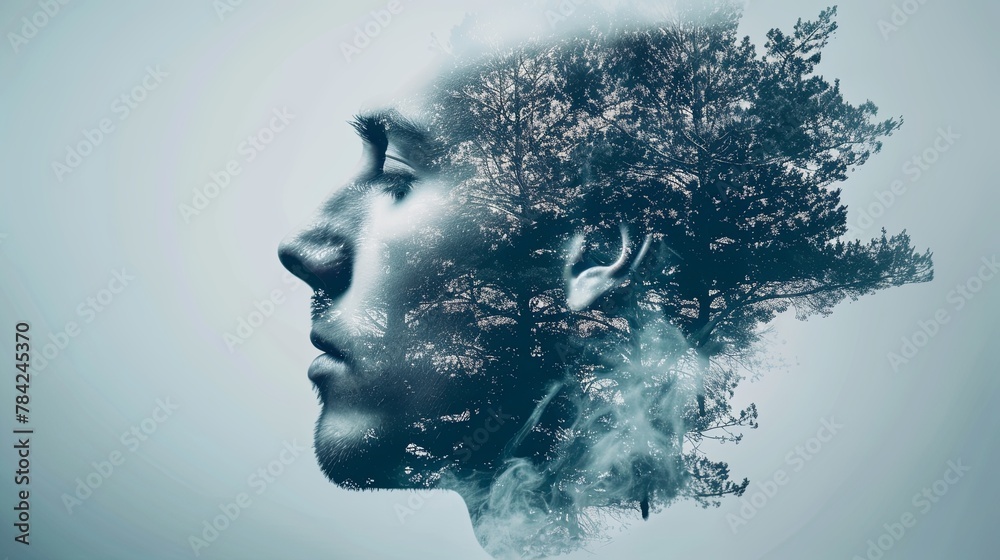 Double exposure combines a male face and a branching tree with green foliage. The concept of the unity of nature and man. The vitality of the human soul in nature illustration. Design for cover.