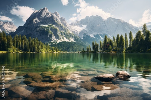 Transparent water of a mountain lake with mountains, sky and trees reflected in it. The concept for the development of tourism, mountaineering, skiing, rock climbing, excursions in the mountains. 