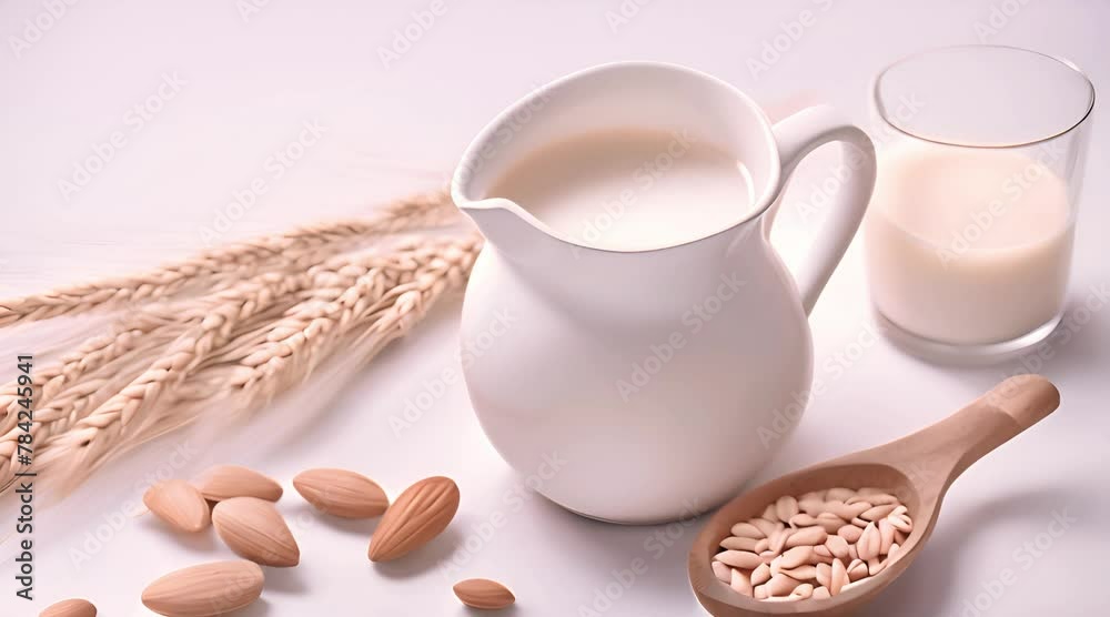 Exquisite White Milk Backdrop with Almond, Cocoa, and Wheat Elements in Minimalist Style, Super-Realistic Details, and Realism Exquisite White Milk Backdrop with Almond, Cocoa, and Wheat Elements in Minimalist Style, Super-Realistic Details, and Realism