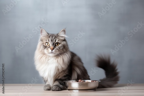 Close up of kitten eating food on gray background with copy space, pet care concept, animal behavior 