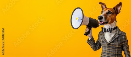 Cute dog holding a loudspeaker in his paws on a yellow background for an announcement with empty space for text, banner
 photo