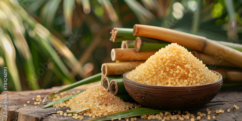 Sugarcane and brown sugar on a wooden background closeup photo
