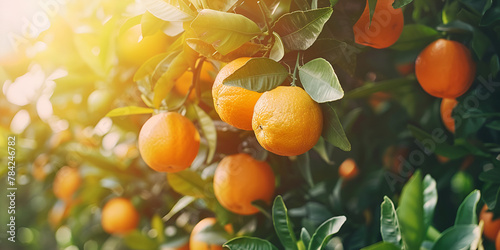 Citrus orange garden in the morning summer sun light background Oranges or mandarins on a tree in a plantation Orange groves harvest Fresh oranges on tree in farm that are about to harvest with sunshi photo