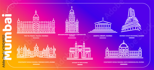 Mumbai monuments building illustration set of icons.