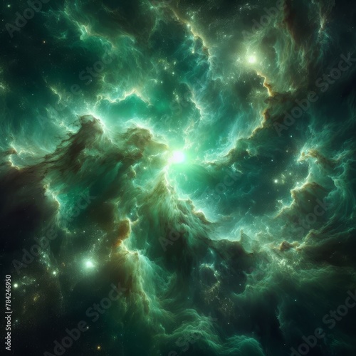 A vivid illustration showcasing a nebula with dynamic colors, bright stars, and swirling cosmic clouds, reflecting the beauty of outer space.. AI Generation © Anastasiia