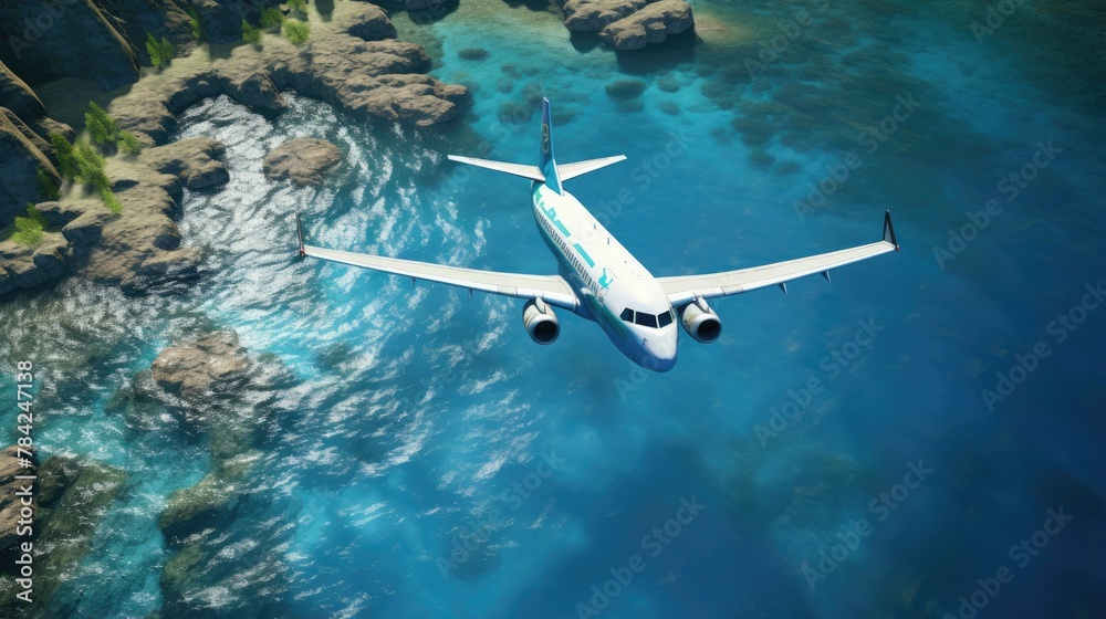 Obraz premium The plane flies over the blue surface of the sea or ocean. Travel and transport concept. Illustration for banner, poster, cover, brochure or presentation.