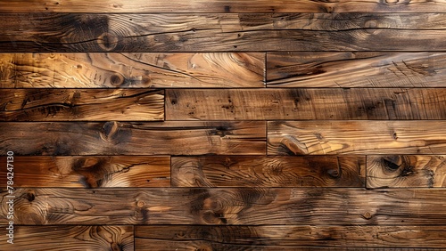 Textured wooden planks with a rich, warm brown hue and prominent grain details arranged in a staggered pattern. photo