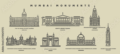 Mumbai Monuments set vector icon.