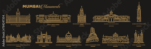 Set of Mumbai Monuments in golden lines vector icons.