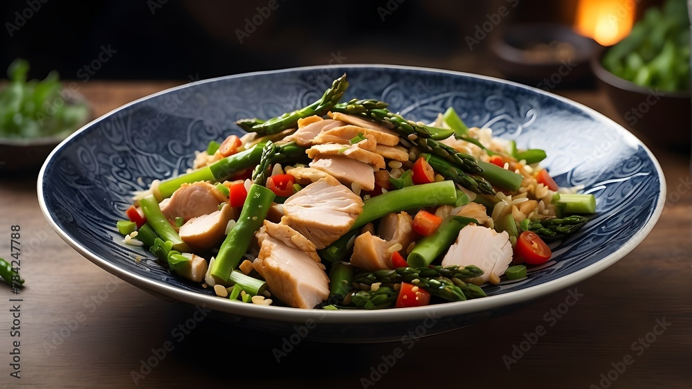 {An artistic interpretation of a chicken stir fry with asparagus, capturing the essence of Chinese cuisine. The art style blends realism with a touch of impressionism, highlighting the colors and shap {An artistic interpretation of a chicken stir fry with asparagus, capturing the essence of Chinese cuisine. The art style blends realism with a touch of impressionism, highlighting the colors and shap
