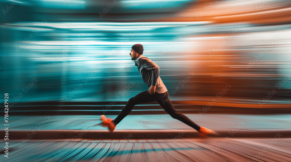 man running at high speed blur motion effect, person in hurry late for work concept 