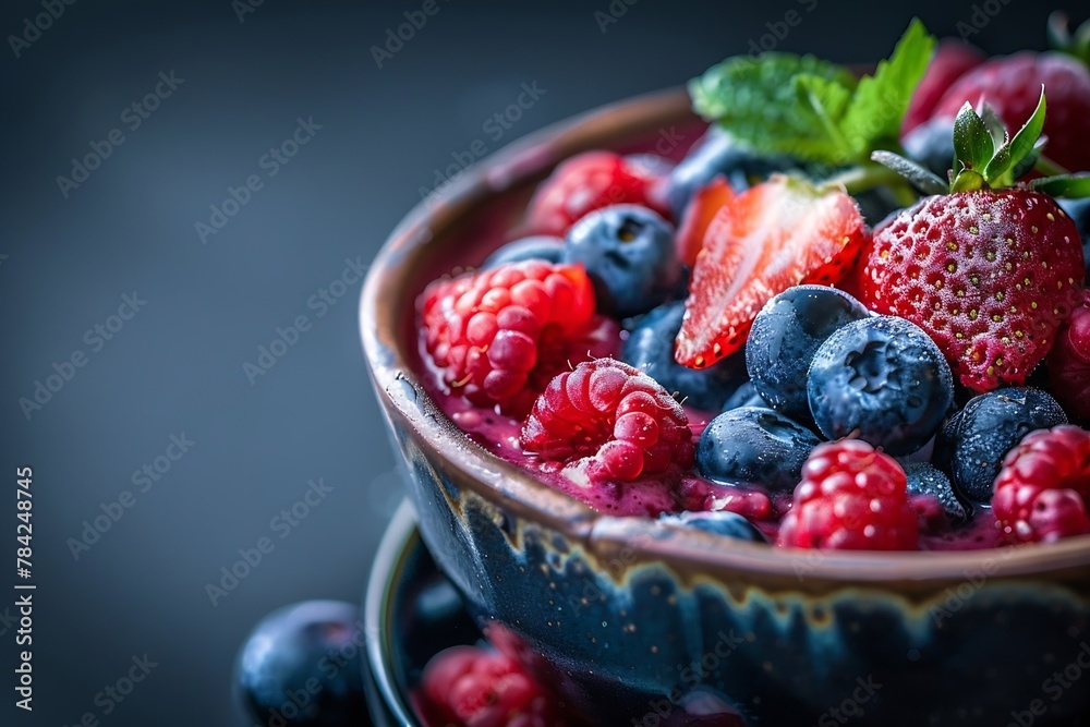 Generative AI : Delisious dessert smoothie with berries close-up macro Summer fruits Generative AI : Delisious dessert smoothie with berries close-up macro Summer fruits