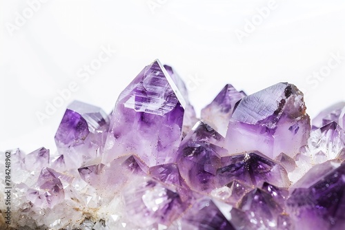 Generative AI : Crystal Stone, purple rough amethyst crystals on white background.