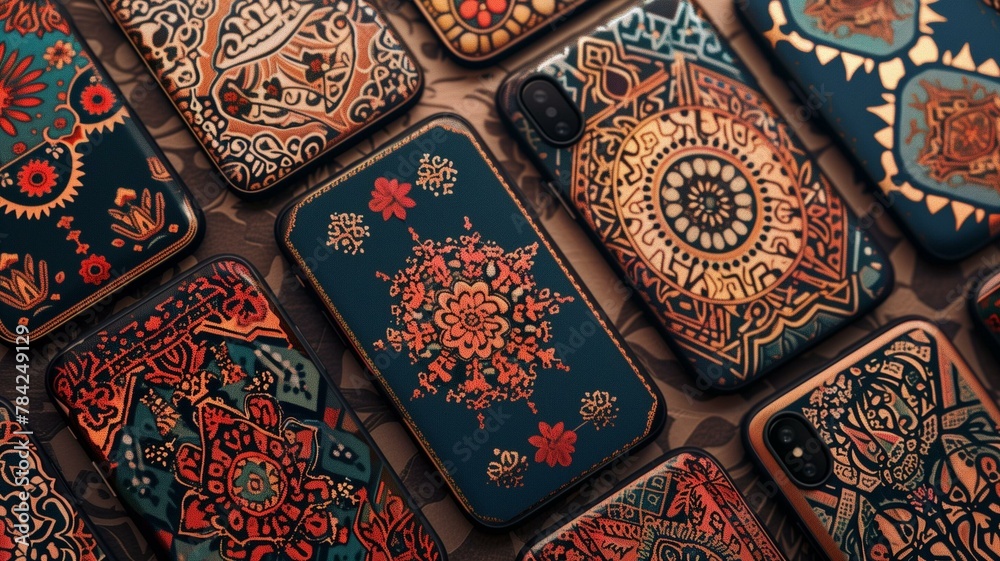 A stunning collection of phone covers adorned with intricate boho-style patterns, each design featuring a unique combination of vintage decorative elements. 

