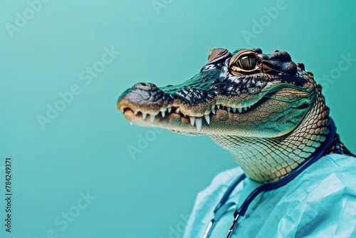 Close-up of a crocodile in a surgeon's cap and medical scrubs with a stethoscope on a turquoise background.