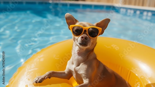 Generative AI : brown short hair chihuahua dog wearing sunglasses standing in yellow swimming ring 