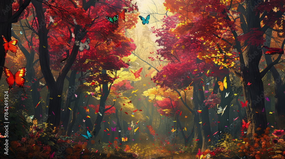 A captivating forest scene with trees dressed in their autumn finest, their branches adorned with clusters of colorful butterflies, while shafts of sunlight filter through the canopy.