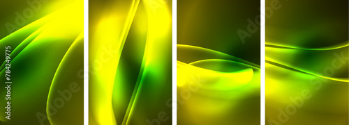 A vibrant pattern of four electric blue and lime green waves on a dark background, resembling a colorful and symmetrical art piece inspired by terrestrial plants