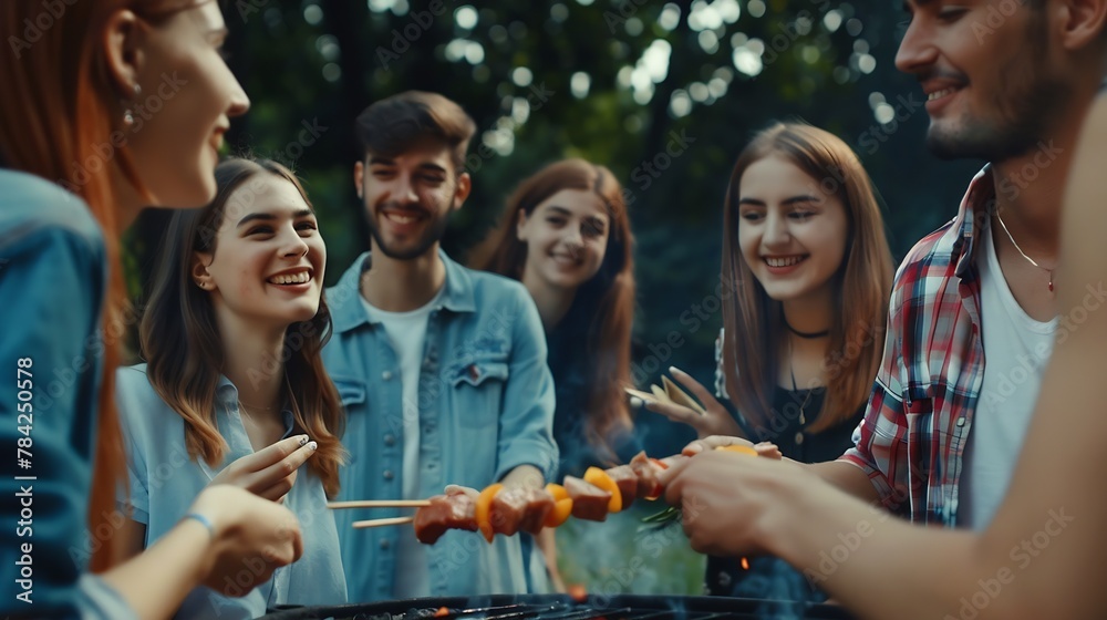 Generative AI : Group of young people having fun in the park at barbecue grilling