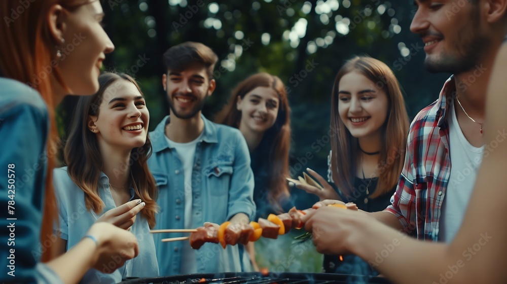Generative AI : Group of young people having fun in the park at barbecue grilling Generative AI : Group of young people having fun in the park at barbecue grilling