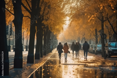 Amazing landscape of the autumn city with people walking on it. © terra.incognita