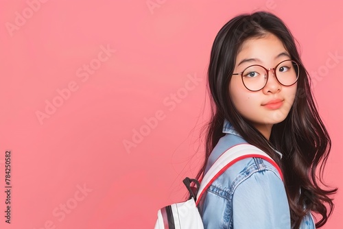 Generative AI : Image of young Asian college student on pink background
