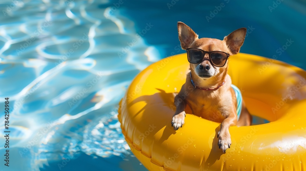 Generative AI : brown short hair chihuahua dog wearing sunglasses standing in yellow swimming ring 